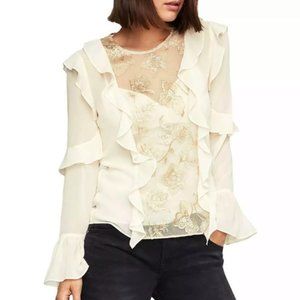 New* BCBG MAXAZRIA Floral Embroidered Ruffle Top Cream/Gold Color Size XS $228